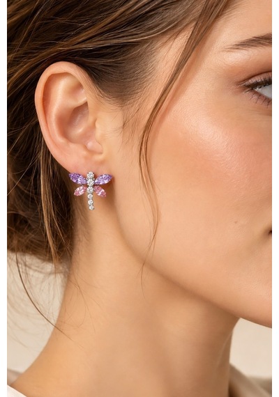 Valmont Accessories Yusufçuk Figürlü Mor Ve Pembe Taşlı Işıltılı Zarif Kadın Küpe