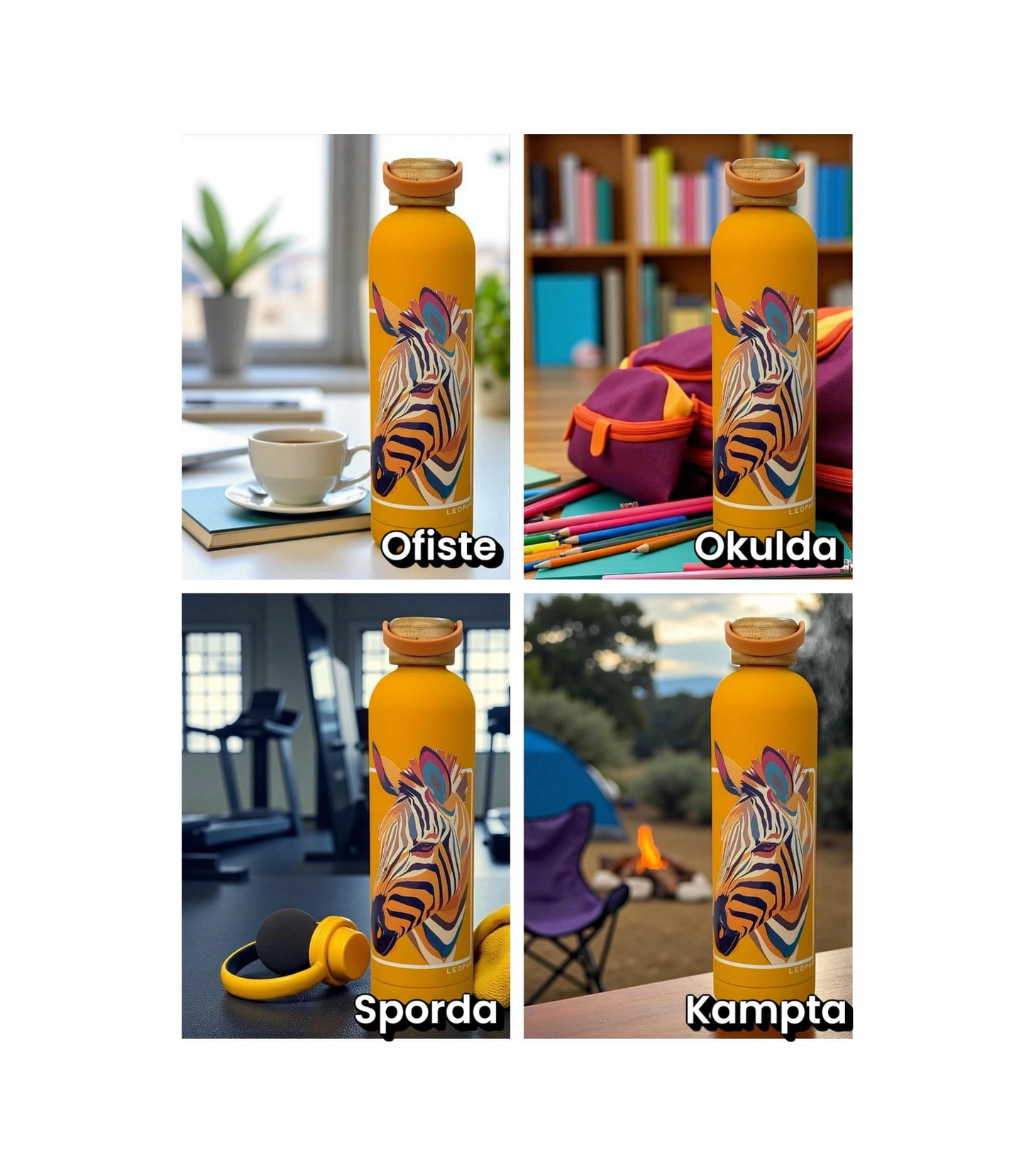 Bambu Kapaklı Turuncu Renk Zebra Figürlü 1000 Ml Paslanmaz Çelik Termos Turuncu