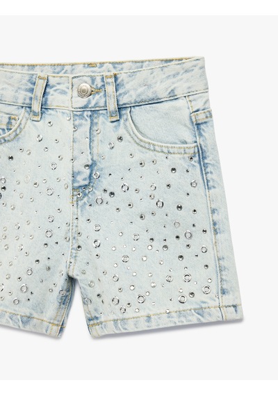 Koton Pamuklu Cepli Taş Detaylı Mini Denim Şort Lıght Indıgo 6skg40016ad Açık Mavi