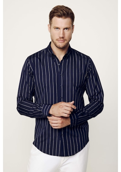 Tudors Slim Fit Düğmeli Yaka Pamuklu Kolay Ütü Çizgili Erkek Gömlek-27794-lacivert Lacivert Tudors Slim Fit Düğmeli Yaka Pamuklu Kolay Ütü Çizgili Erkek Gömlek-27794-lacivert Lacivert