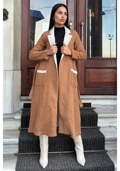 Taba Çift Taraflı Kruvaze Yaka, Kuşaklı, Yumoş Dokulu, Duble Kaşe Uzun Ceket