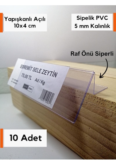 10 Adet Pvc Etiketlik 10x4 Cm Arkaya Yatık Yapışkanlı Raf Önü