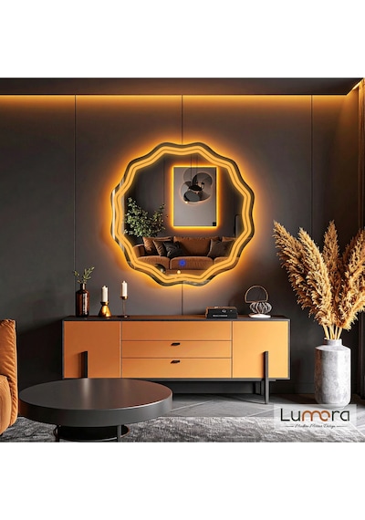 Zavira Amber Led'li Lazer Kumlamalı Lavabo & Banyo Aynası Dokunmatik Sensörlü 90 X 90 Turuncu