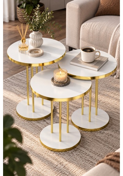 Sulorahome Beyaz Yuvarlak Zigon Sehpa Takımı - 3'lü Gold Ayaklı Beyaz - Altın
