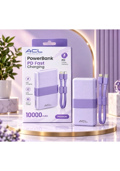 Acl Pw-164 10000 Mah 22.5w Hızlı Şarjlı Dahili Kablolu Powerbank Type-c Ve Lightning Kablolu, Pd Fast Mor