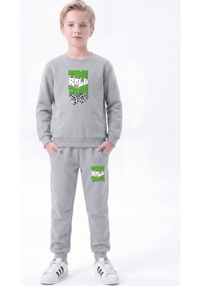 Panios Kids 3 İplik Baskılı Erkek Çocuk Çift Cepli Bisiklet Yaka 2'li Eşofman Takımı 4 Parça Gri - Lacivert