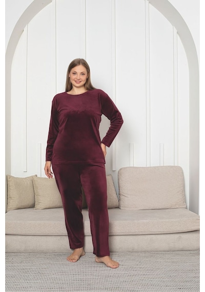 Büyük Beden Kırmızı Likralı Soft Kadife Pijama Takımı Bordo