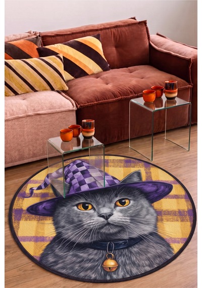 Zilli Kedi Desenli Yuvarlak Halı Mor Sarı Cadı Şapkalı Şönil Dekoratif Halı Mor Sarı Turuncu
