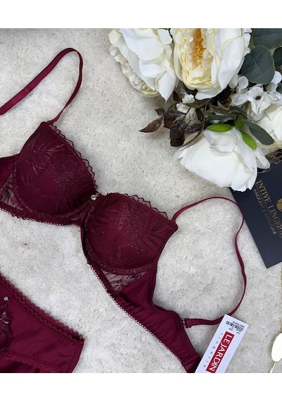 Le Jardin Parlak Simli İpli Brodeli Push-up Sütyen Külot Takım-50 Bordo