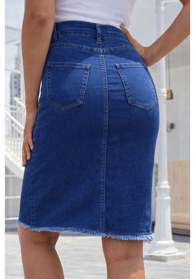 Defymoda Kadın Yüksek Bel Önden Yırtmaçlı Kısa Kot Etek Mavi