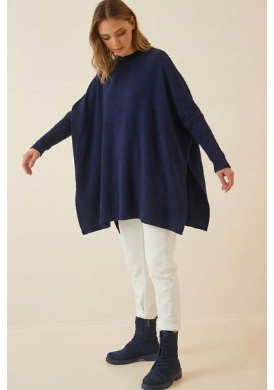 Onno Style Women Düz Triko Standart Panço Lacivert