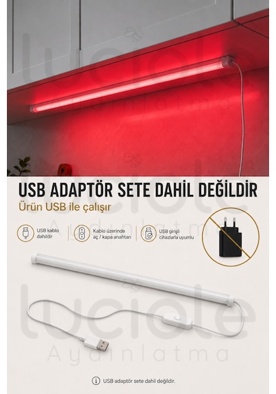 Kırmızı Usb Led Bar 100 Cm Yapışkanlı Anahtarlı Dolap Tezgah Raf Dekoratif Aydınlatma