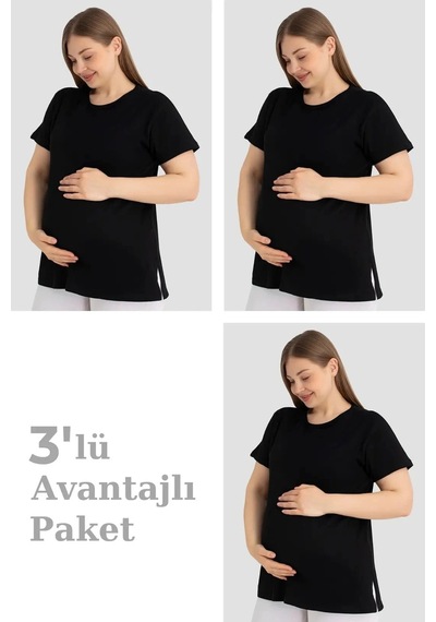 Carlburn Delux Serisi Pamuklu Kısa Kollu Hamile Tişört Siyah 3'lü Paket Kombin Kıyafetleri Anne Adayı Siyah-3