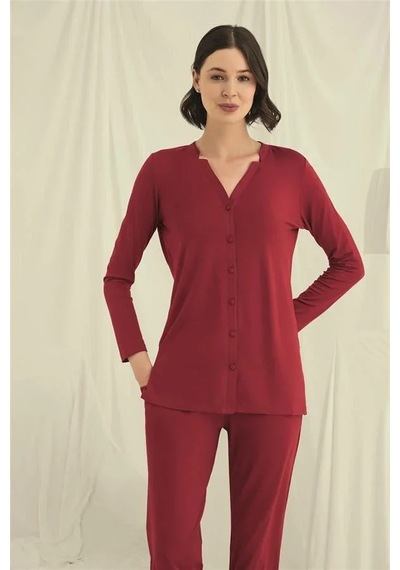 Ang Butik Kadın Uzun Kollu Boydan Düğmeli V Yaka Pijama Takımı Kırmızı