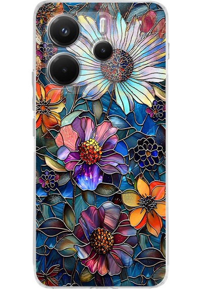 Printify Redmi Note 14 4g İle Uyumlu Vitray Mücevher Flora Tasarımlı Şeffaf Silikon Kılıf Şeffaf