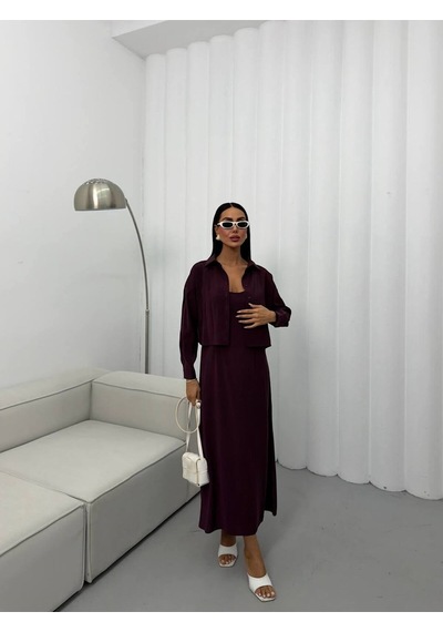 İn Mood Askılı Elbise Gömlek İkili Modal Takım Bordo