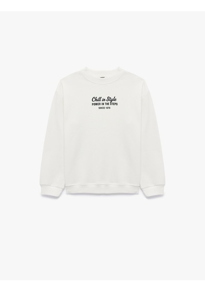 Koton Pamuklu Uzun Kollu Bisiklet Yaka Baskılı Sweatshirt Ekru 7wkb10049tk