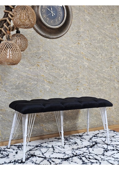 Zafir Metal Beyaz Tel Ayaklı 100 Cm Puf Bench - Puf - Bench - Oturak - Mutfak Oturağı - Antre Oturağı Siyah