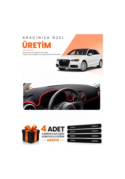 Audi A3 2013-2020 Uyumlu Torpido Koruma Örtüsü Oto Kılıfı - Siyah Kırmızı