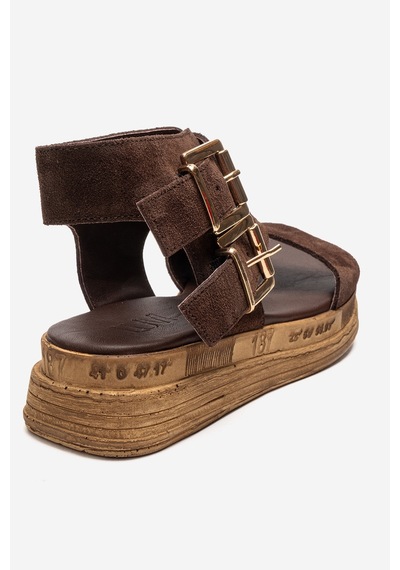 Luvishoes Lorentıs Kahverengi Süet Hakiki Deri Çift Tokalı Kadın Sandalet