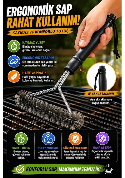 2 Adet Barbekü Mangal Izgara Temizlik Fırçası Paslanmaz Çelik Tel Ergonomik Saplı Izgara Fırçası