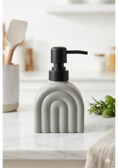 Buççin Online Mağaza Modern Kemer Desenli, Minimal İskandinav Cam Sıvı Sabunluk - 250 Ml - 9 X 9 X 6 Cm Cam Gri Çok Renkli