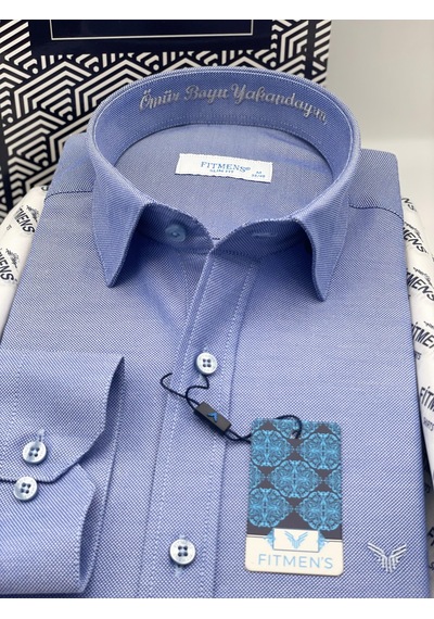 Slim Fit Uzun Kol Ömür Boyu Yakandayım Nakışlı Hediye Kutulu Erkek Gömlek Fs-001376 - Saks Mavi-2197