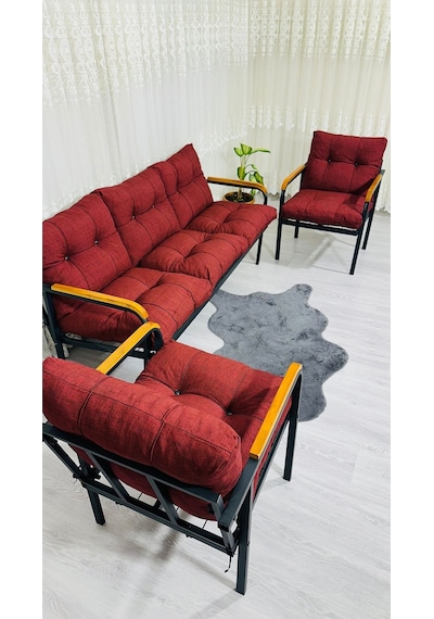Madame Home Defne Balkon, Bahçe, Cafe - Metal Kanepe Koltuk Takımı - 3+1+1 Bordo