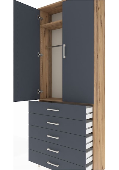 Arges Dolap 2 Raflı 5 Çekmeceli Tek Askılı 88x30x221 Çam-antr... Çam