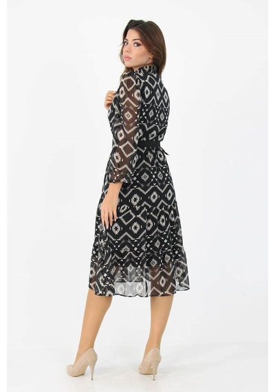 Neşeli Butik Kadıın Yeni Sezon Midi Boy Desenli Şifon Elbise Apcx06 Siyah