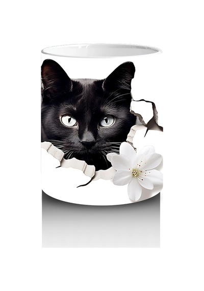 Beyaz Çiçeklerle Kaplı Siyah Kedi Baskılı Kahve Kupası Renkli
