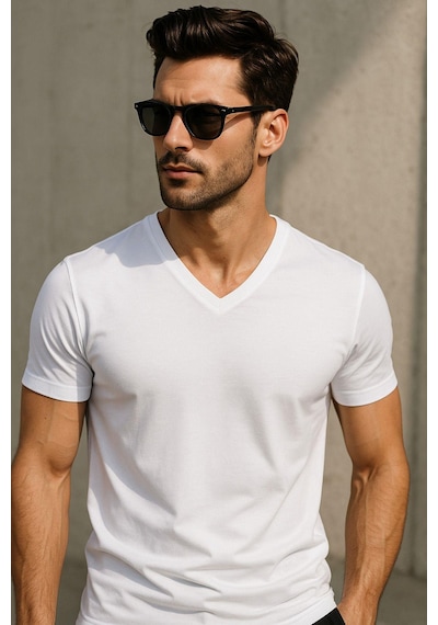 Rich Erkek V Yaka %100 Pamuk Kısa Kollu Beyaz T-shirt Beyaz