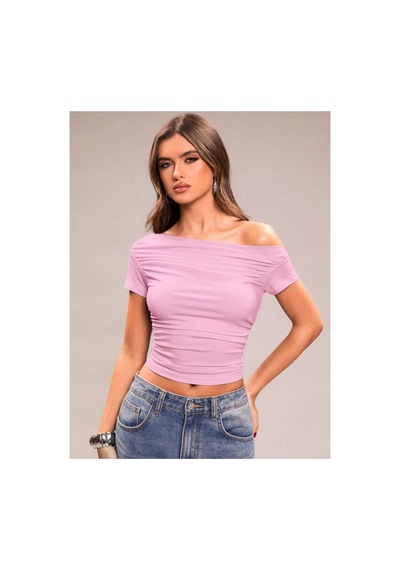 Wild Flower Asimetrik Yaka Kadın Crop Bluz Omuz Dekolteli Açık Pembe