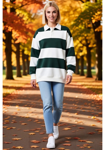 Ersefa Kadın Oversize Polo Yaka Geniş Çizgili Üç İplik Sweatshirt Düğmel Yeşil