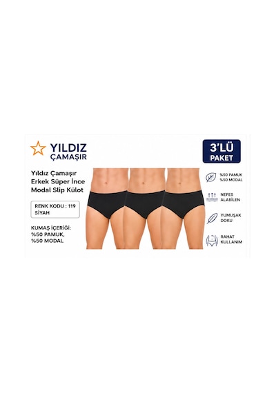 Yıldız Çamaşır Erkek Süper İnce Yazlık Modal Slip Külot 118-119 - 3 Adet Siyah
