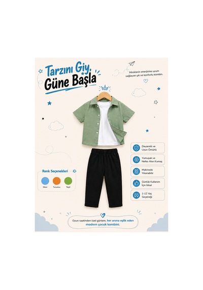 Overmax 3 Lü Gömlek Çocuk Takım Gömlek, Tshirt & Pantolon 3' Lü Kombin 1-10 Yaş Trend Yazlık Takım Yeşil - 885663189 Yeşil Overmax 3 Lü Gömlek Çocuk Takım Gömlek, Tshirt & Pantolon 3' Lü Kombin 1-10 Yaş Trend Yazlık Takım Yeşil - 885663189 Yeşil