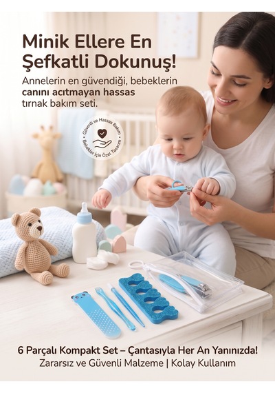 Bebek & Çocuk Tırnak Bakım Seti - Tırnak Makası, Törpü, Ayak Parmak Ayırıcı Ve Şeffaf Çantalı Manikür Seti Mavi