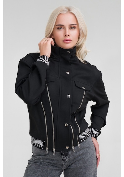 Bold & Young Kadın Viskon Polyester Likralı Kumaş Fermuar Aksesuarlı Kaşkorseli Cepli Ceket Siyah