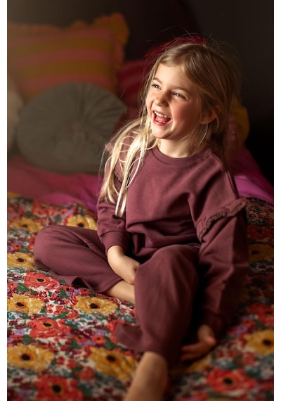 Antebies Organik Gots Sertifikalı Bordo, Dantel Detaylı, Uzun Kollu Ribanalı Kız Çocuk Sweatshirtü