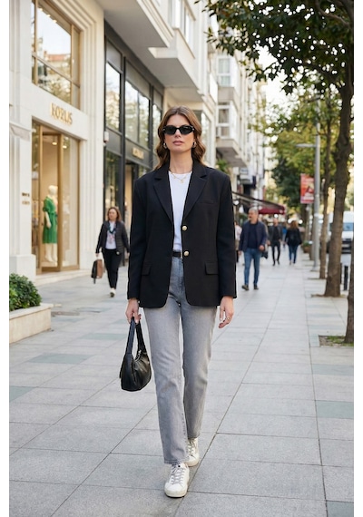 Lela Regular Fit  Yaka Düğmeli Blazer Bayan Ceket 6839562 Siyah