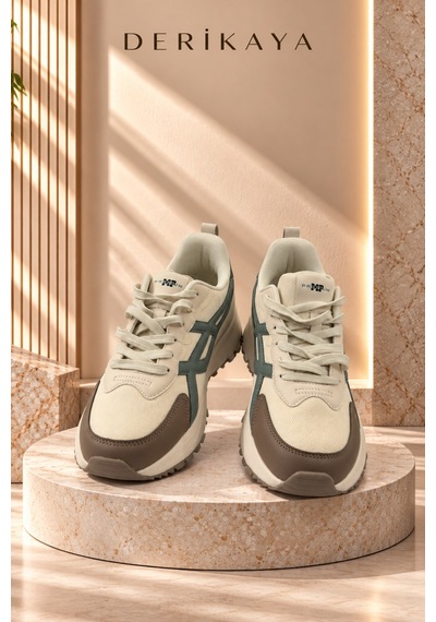 Deri Kaya Erkek Bej Haki Detaylı Bağcıklı Kalın Taban Günlük Sneaker Ayakkabı Bej - Haki