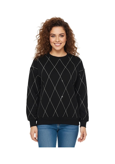 Baglan Kadın Sıfıryaka Sweatshirt Taşlı Bgl-st05060 Siyah