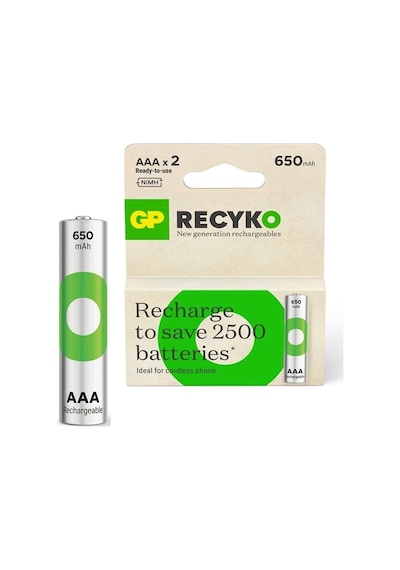 Şarjlı Pil Aaa İnce 650mah Ni-mh 2 Adet Gp Recyko Gp65aaahcer21