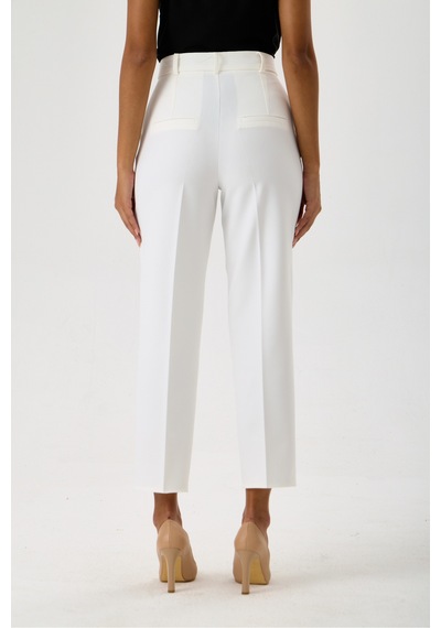 Velnara Moda Kırık Beyaz Dar Paça Cepli Yüksek Bel Dokuma Kumaş Kadın Pantolon Beyaz - 918311251 Beyaz