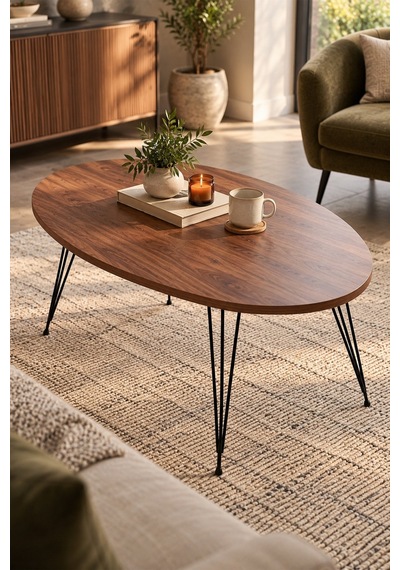 Sulorahome Ceviz Desenli Tel Ayaklı Oval Orta Sehpa