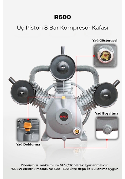 R.m.d Kompresör Üç Piston 8 Bar Kompresör Kafası R600