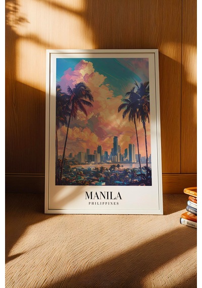 Manila Philippines Vintage Seyahat Posteri Çerçeveli Tablo - Premium Egzotik Şehir Duvar Dekoru Beyaz