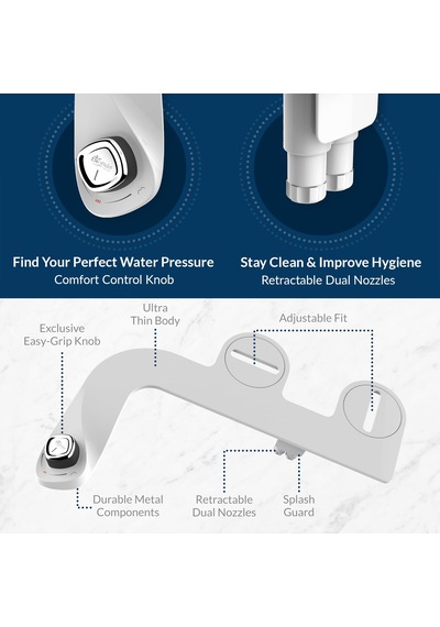 Biobidet Slimedge Basit Bide Tuvalet Takımı, Beyaz, Çift Nozzle, Taze Su Sprey, Elektriksiz, Kolay Montaj, Pirinç Giriş Ve İç Valf Altın