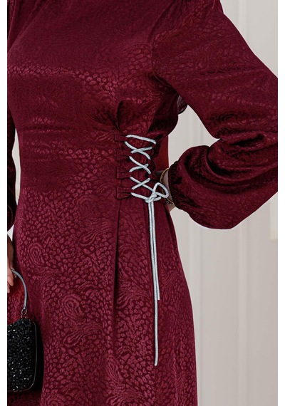 Buse Yanı Bağcıklı Saten Abiye-bordo-4997