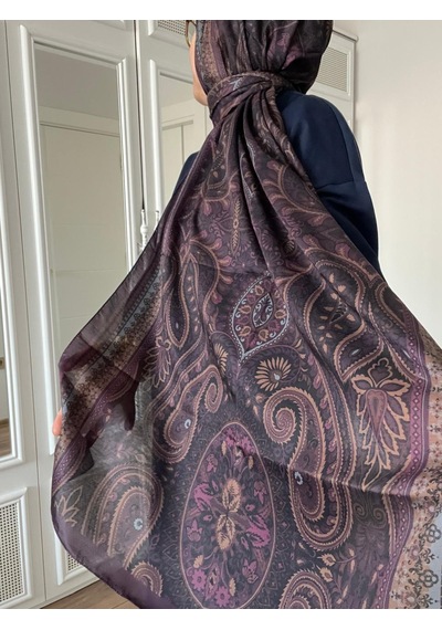 Modakaşmir Aminenesil Etnik Desen Soft Pamuk Şal Mor Yeşil A.mor